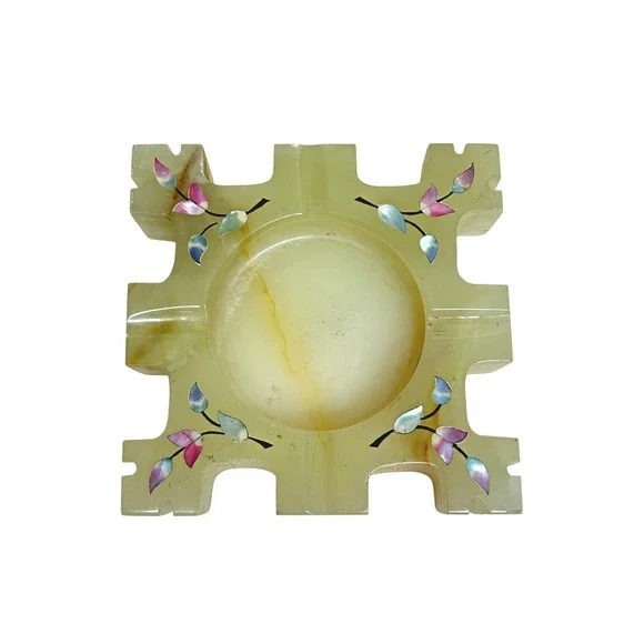 Vintage Onyx Ashtray Mother of Pearl Inlay Puzzle Piece Castle Design Decor - Picture 2 of 8